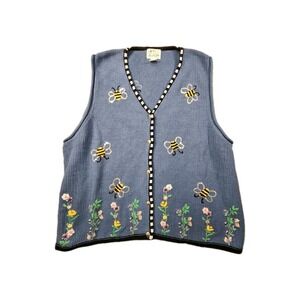 Quacker Factory Vest Women 3X Embroidered Honey Bee Sequin Granny Core Whimsical